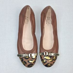 AGL Tan Brown Leather Leopard Cap Toe Ballet Flats